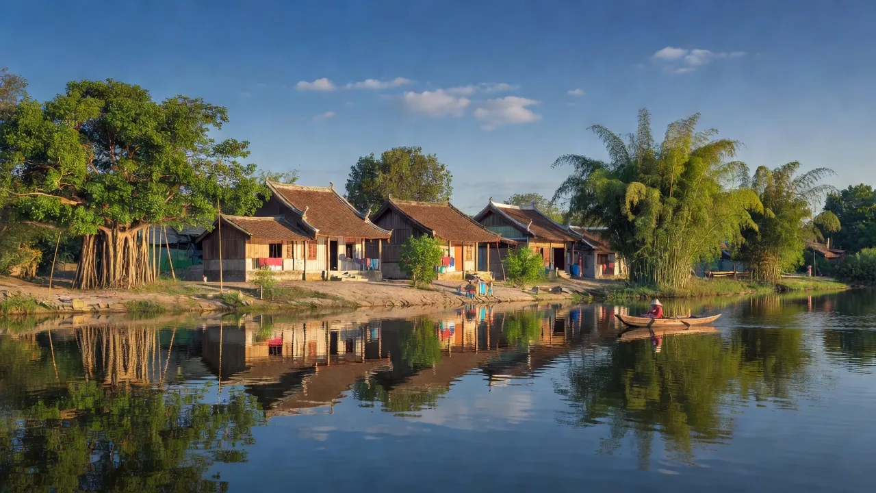 Phong cảnh Phường Thủy Vân, Quận Thuận Hóa, Huế với nhà truyền thống bên dòng sông xanh, cây cối tươi tốt.