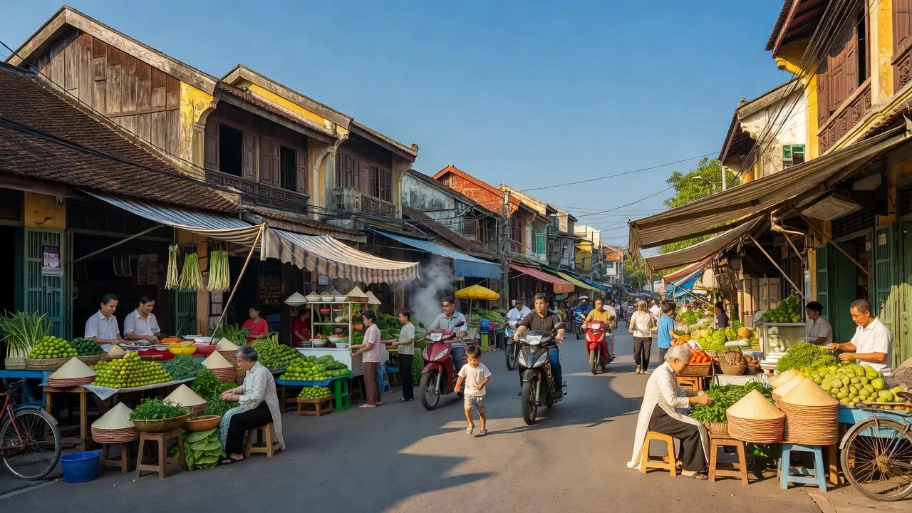 Khung cảnh sinh hoạt nhộn nhịp ở Phường Vĩnh Ninh, Quận Thuận Hóa, Thành phố Huế với kiến trúc truyền thống.