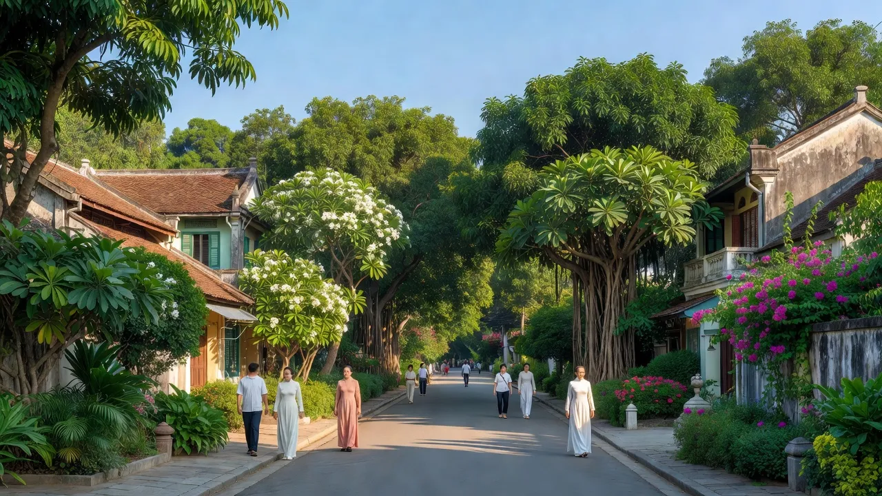Khung cảnh phường Vỹ Dạ, Quận Thuận Hóa, với những con đường xanh mát và nhà cửa san sát.