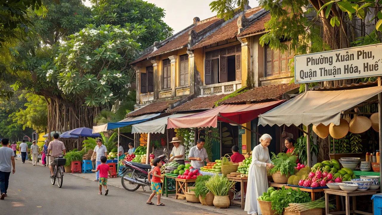 Phường Xuân Phú, Quận Thuận Hóa, thành phố Huế với kiến trúc truyền thống và hoạt động hàng ngày.