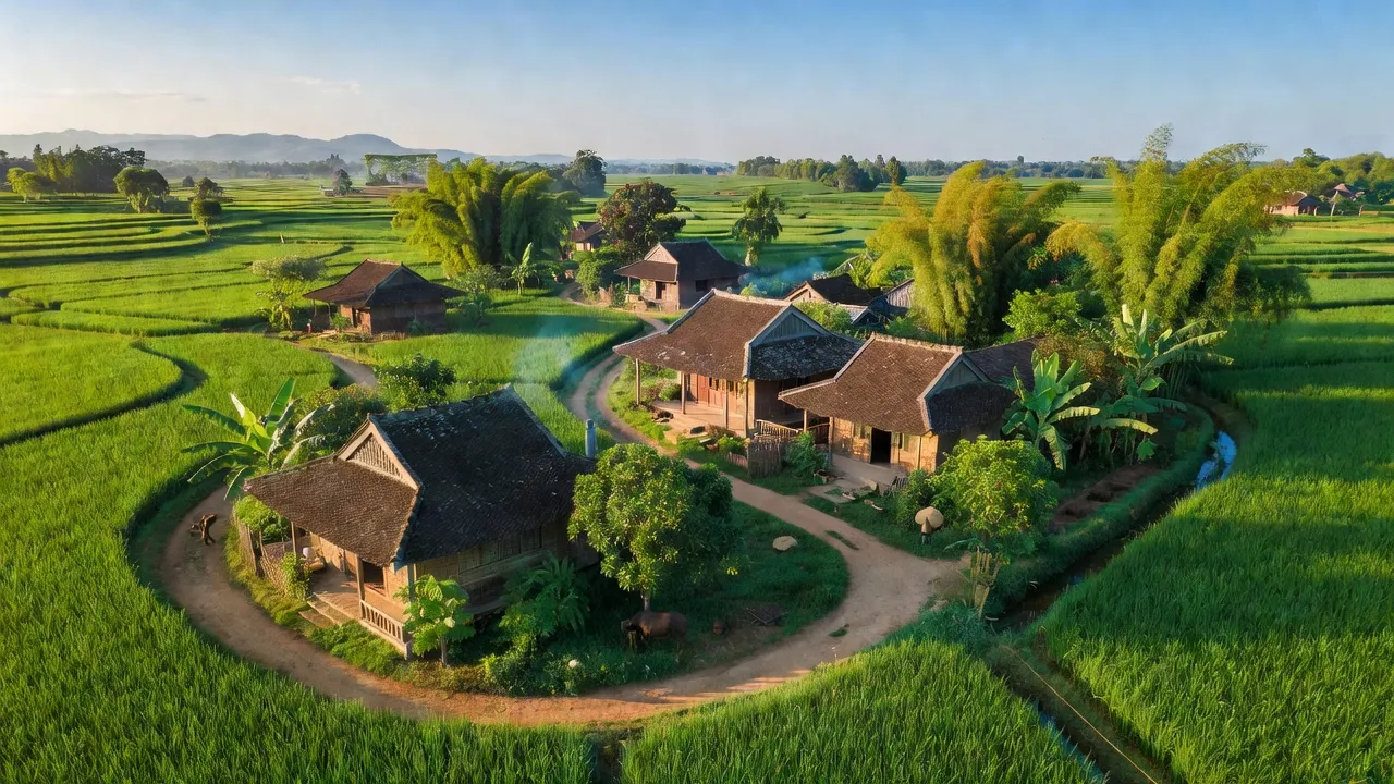 Khung cảnh huyện Quảng Điền ở Huế với cây cối xanh tươi và nhà truyền thống.