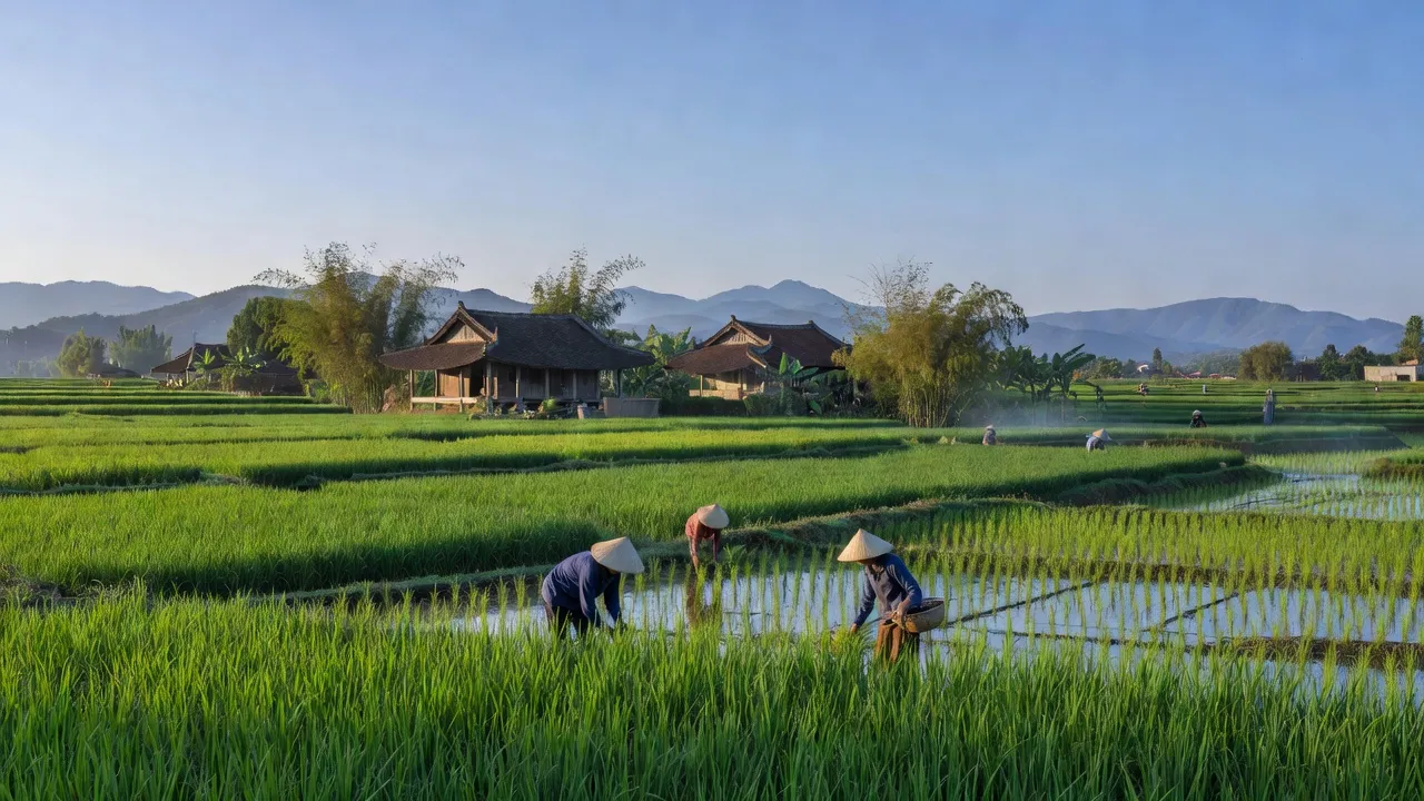 Cảnh đẹp xã Quảng An ở huyện Quảng Điền, thành phố Huế với ruộng bậc thang và nhà truyền thống.