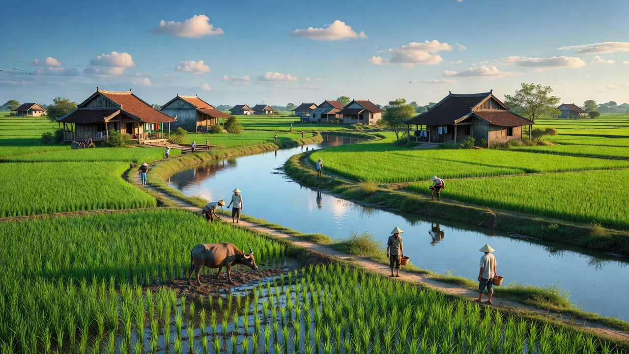 Cảnh quan xã Quảng An, huyện Quảng Điền, thành phố Huế với cánh đồng xanh và nhà truyền thống.