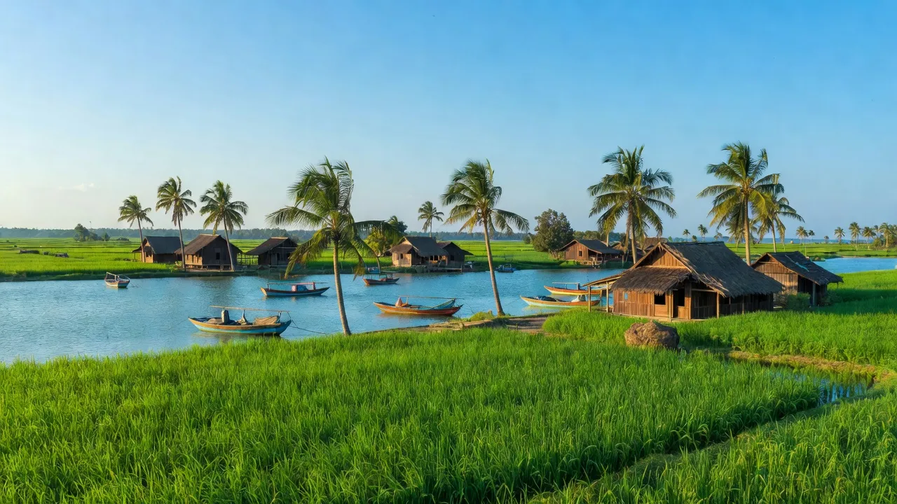 Khung cảnh làng ven biển Quảng Công, Quảng Điền với đồng ruộng xanh mướt và nhà gỗ.