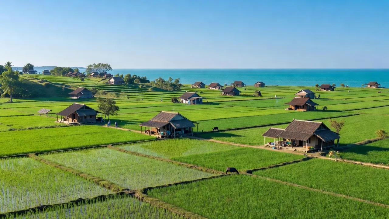 Quang Cong rural landscape in Quang Dien district, Hue, with green fields and traditional houses.