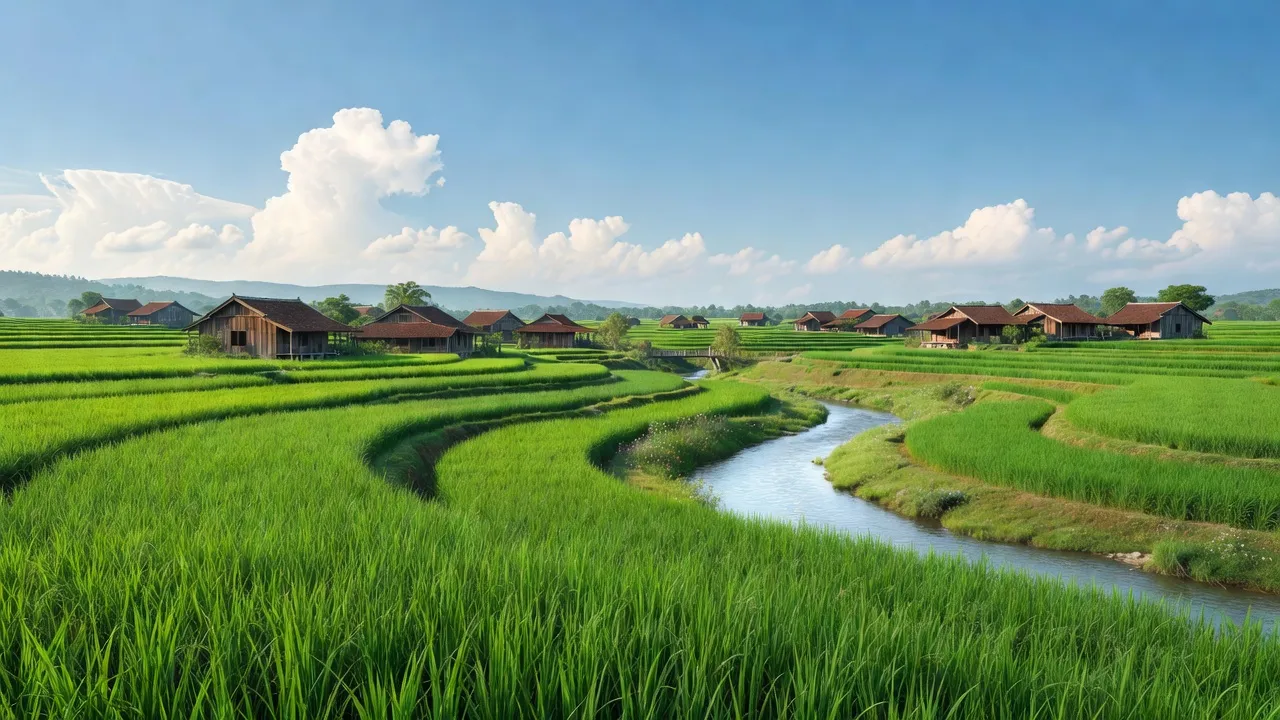 Cảnh quan xã Quảng Lợi, huyện Quảng Điền với ruộng xanh, nhà truyền thống và sông đẹp.