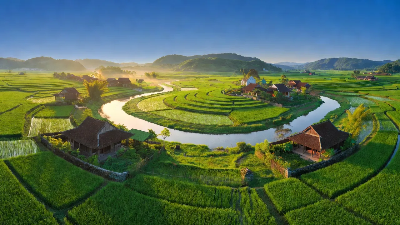 Quảng Ngạn, huyện Quảng Điền, Huế, với cánh đồng xanh tươi và dòng sông hiền hòa.