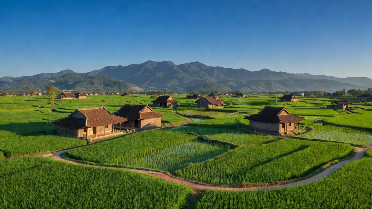 Quảng Phú, huyện Quảng Điền, Huế với cánh đồng xanh và nhà truyền thống, khung cảnh nông thôn.