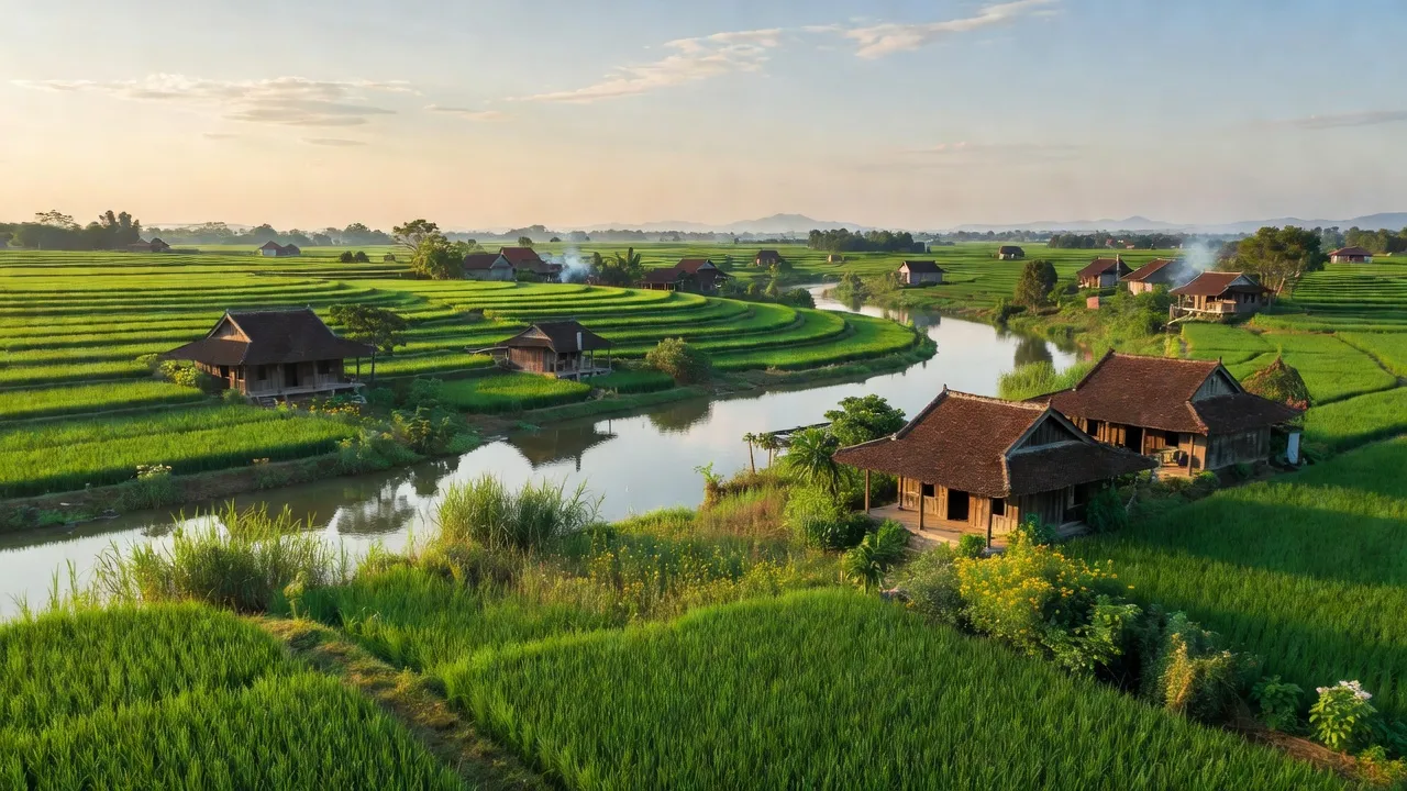 Quảng Phước, huyện Quảng Điền, Huế với đồng xanh và nhà truyền thống Việt Nam thanh bình.