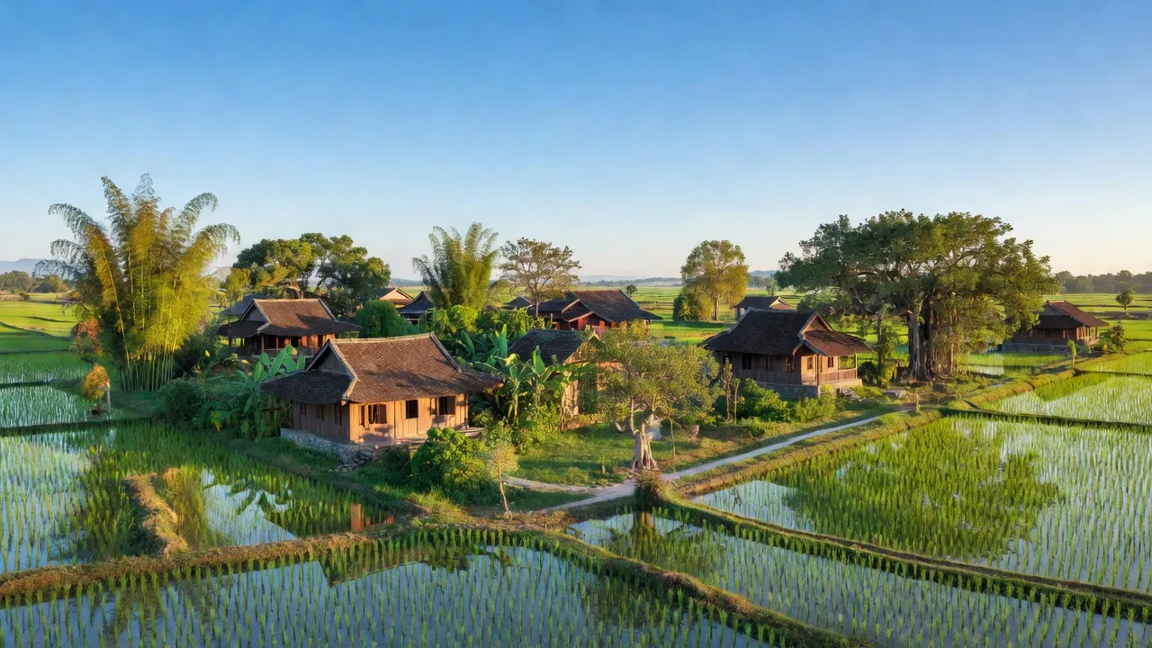 Cảnh quan xã Quảng Thái, huyện Quảng Điền, thành phố Huế với cánh đồng lúa và nhà truyền thống.