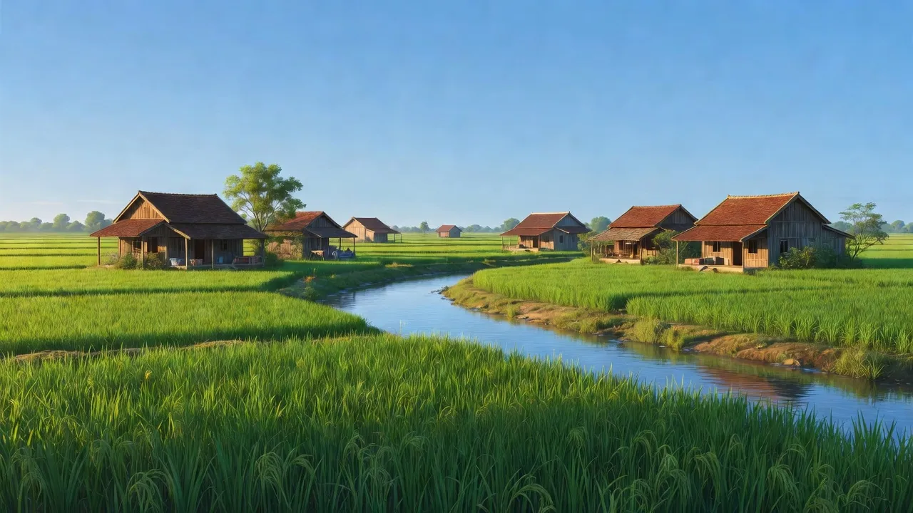 Cánh đồng xanh tươi ở xã Quảng Thành, huyện Quảng Điền, thành phố Huế, với ngồi nhà truyền thống.