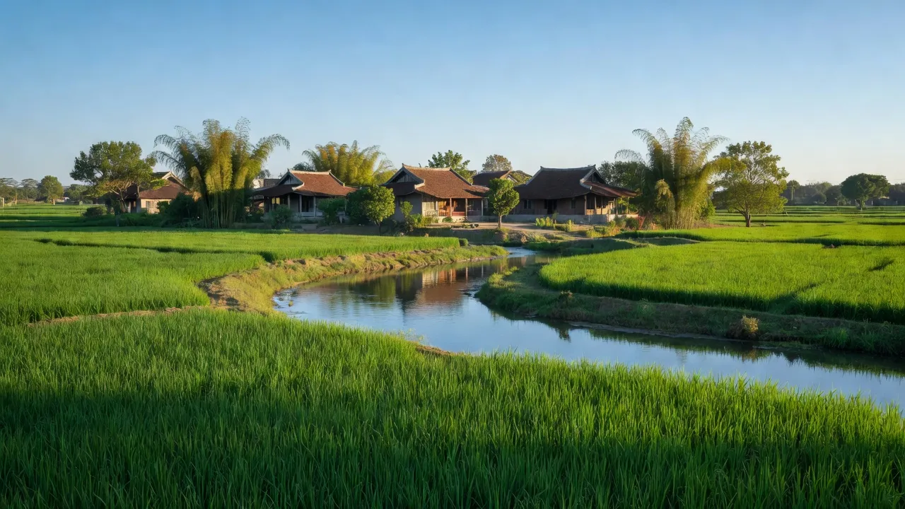 Cảnh đồng xanh tại xã Quảng Vinh, huyện Quảng Điền, gần thành phố Huế với sông và nhà truyền thống.