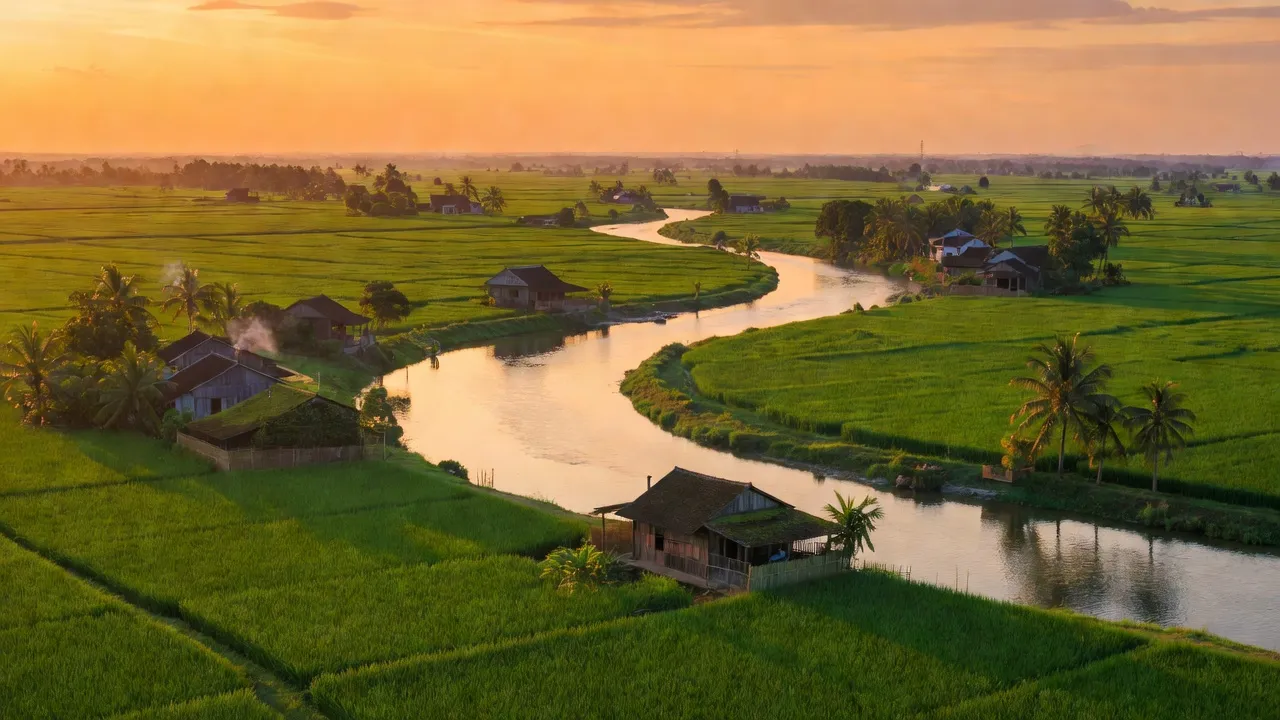 Nhìn từ trên cao về đồng bằng Quảng Vinh, huyện Quảng Điền, thành phố Huế, con sông và cánh đồng xanh.