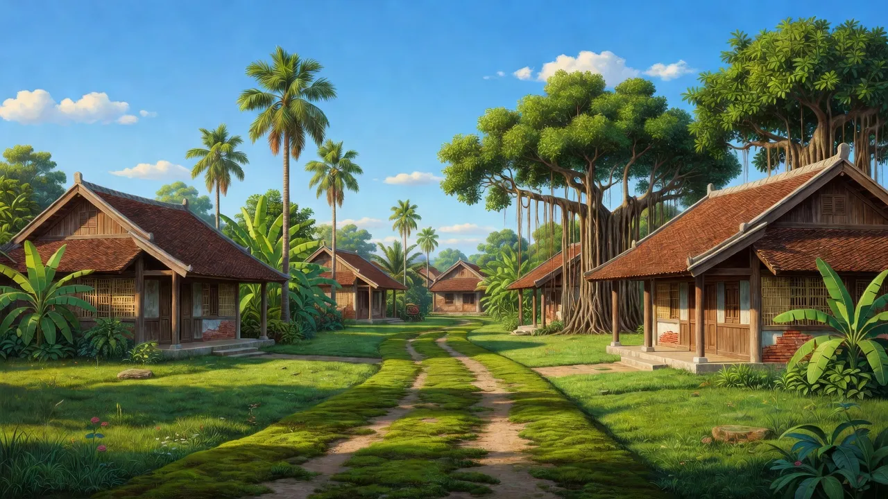 Thị trấn Sịa, huyện Quảng Điền, Huế với ngôi nhà truyền thống, đường phố xanh và trời trong.