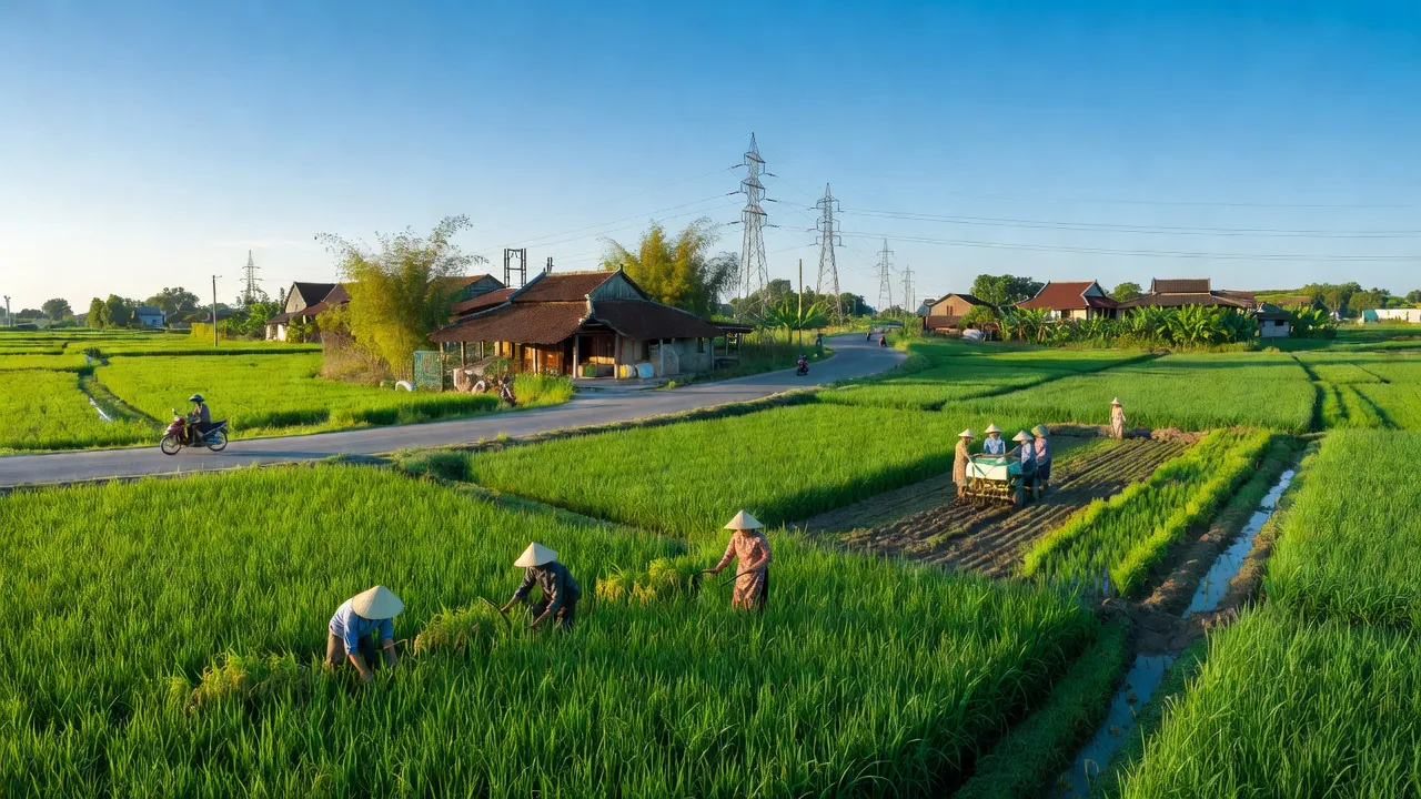 Một góc nhìn của xã Bắc Sơn, huyện Ân Thi, tỉnh Hưng Yên, với cánh đồng xanh tươi và nhà truyền thống.