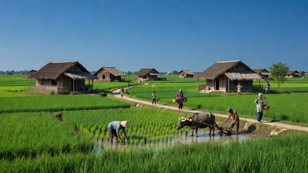 Khung cảnh yên bình xã Bãi Sậy, huyện Ân Thi, tỉnh Hưng Yên với ruộng đồng xanh mướt.