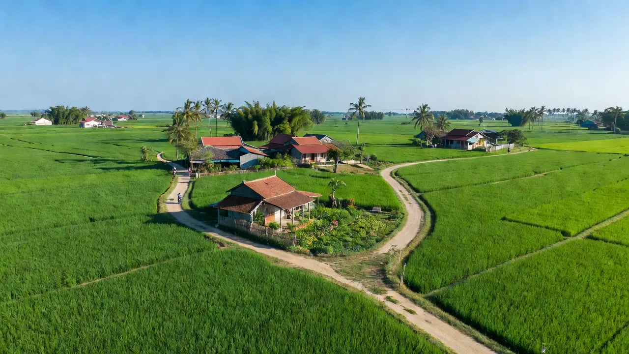 Cảnh quan xã Cẩm Ninh, huyện Ân Thi, tỉnh Hưng Yên, cánh đồng xanh và đường làng nông thôn.