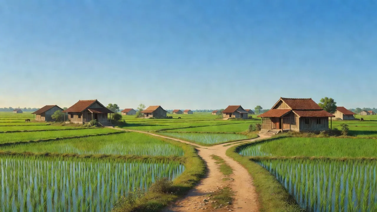 Cảnh sắc bình yên xã Đa Lộc, huyện Ân Thi, tỉnh Hưng Yên với cánh đồng và nhà nông thôn.