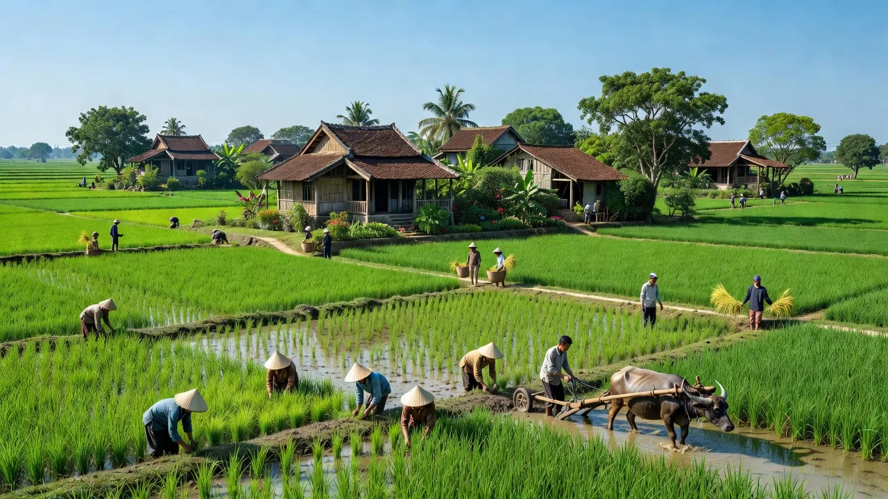 Khung cảnh đẹp xã Đa Lộc, huyện Ân Thi, Hưng Yên với cánh đồng xanh và nhà truyền thống.