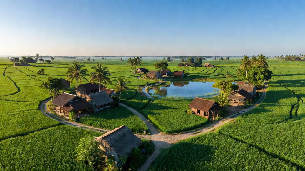 Cảnh đồng quê xã Đặng Lễ, huyện Ân Thi, tỉnh Hưng Yên với ruộng lúa và nhà truyền thống.
