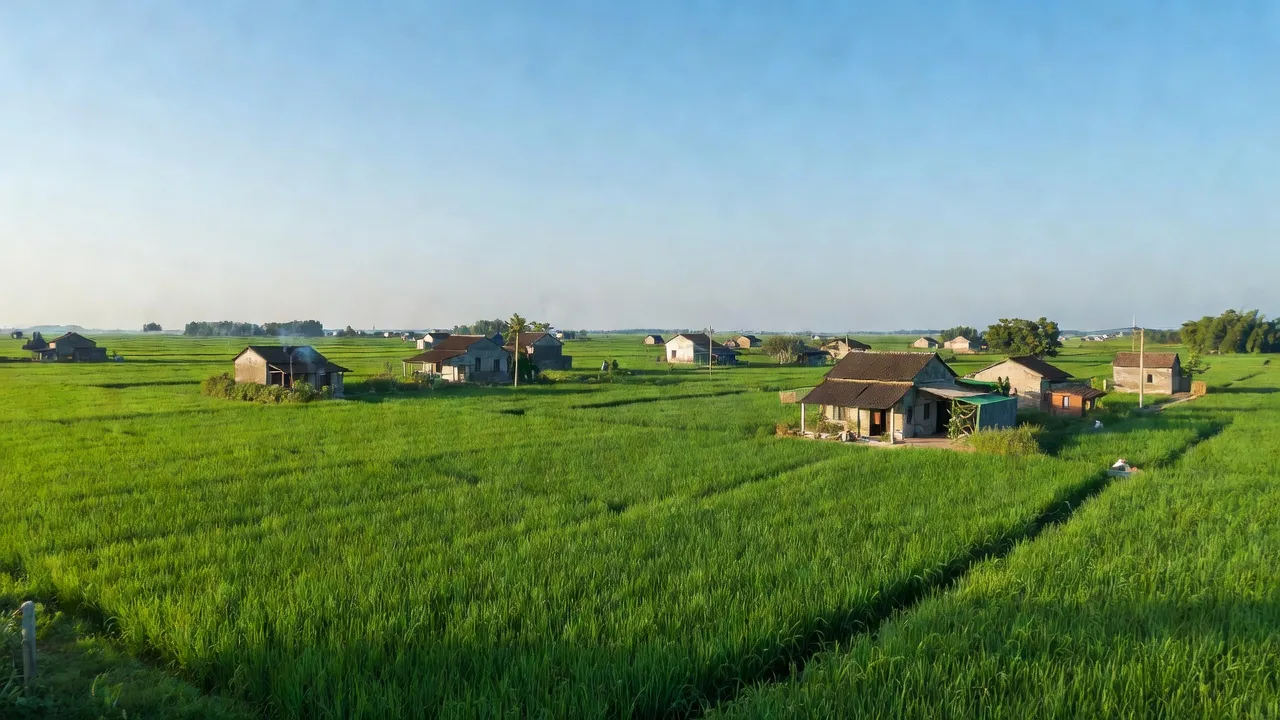 Cánh đồng lúa xanh tươi và nhà dân tại xã Đào Dương, huyện Ân Thi, tỉnh Hưng Yên.