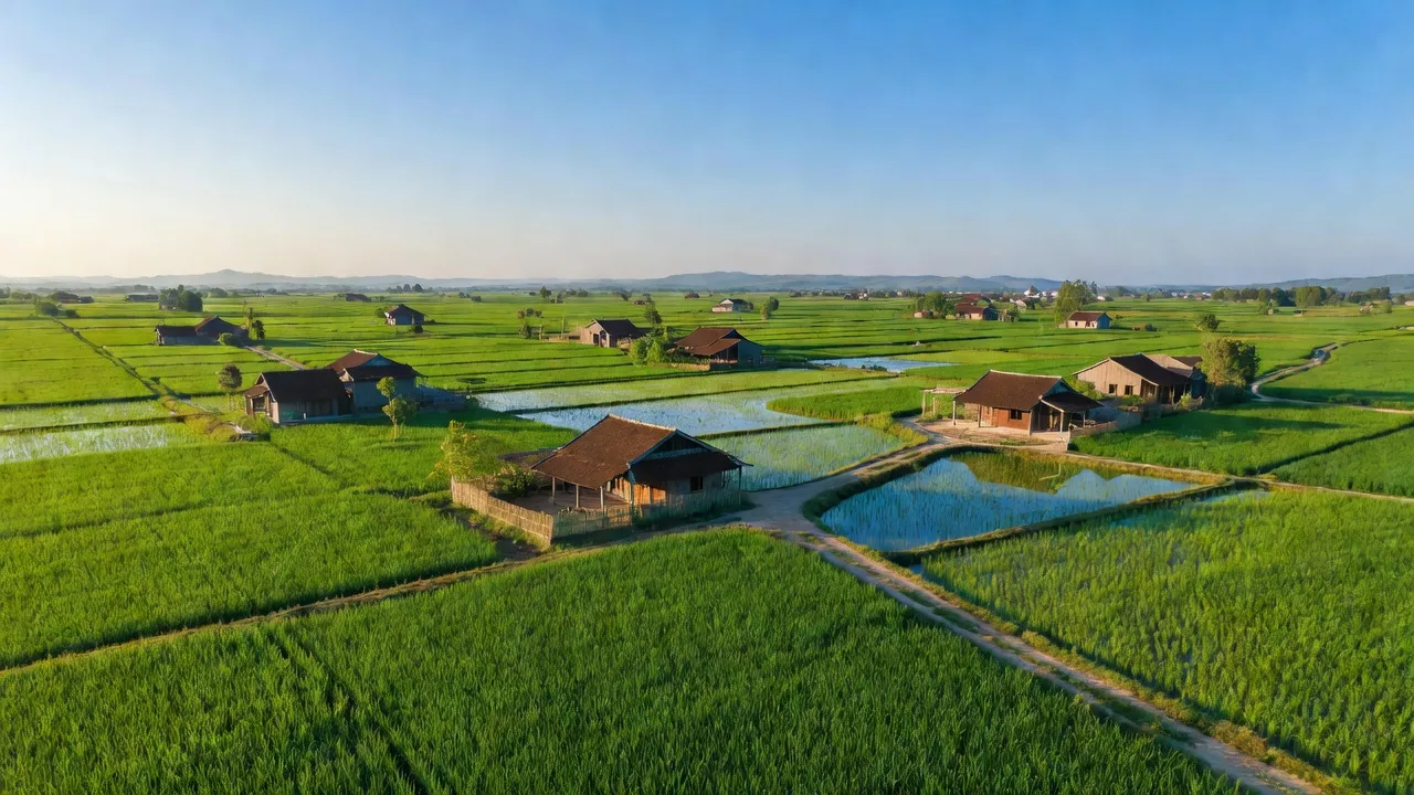 Cảnh quan nông thôn xã Hồ Tùng Mậu, huyện Ân Thi, tỉnh Hưng Yên với ruộng lúa xanh tươi.