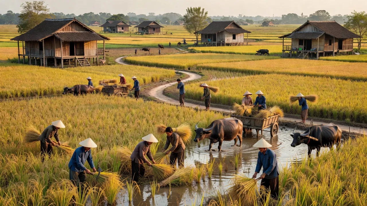 Cảnh đồng quê xã Hoàng Hoa Thám, huyện Ân Thi, tỉnh Hưng Yên, Việt Nam, với ruộng lúa và nhà cửa.