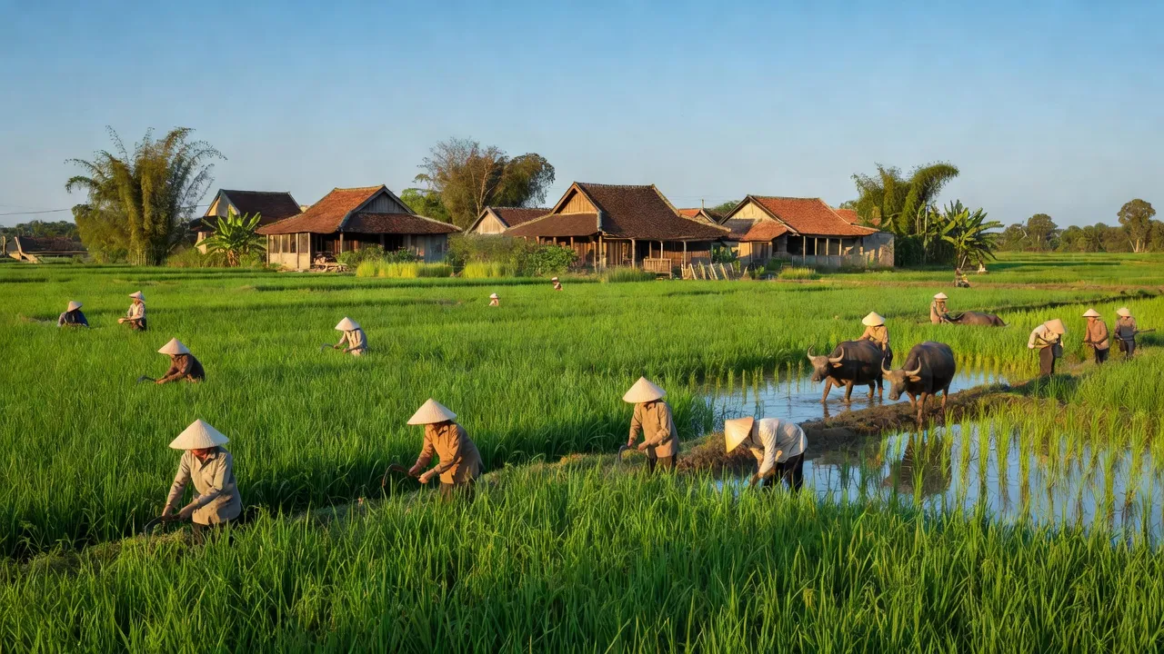 Khung cảnh yên bình ở xã Hoàng Hoa Thám, Hưng Yên với ruộng xanh và nhà truyền thống.