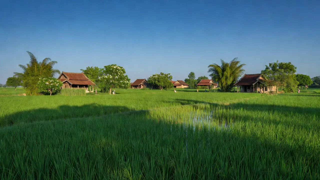 Cảnh quan nông thôn tại xã Hồng Quang, huyện Ân Thi, tỉnh Hưng Yên với đồng ruộng và nhà truyền thống.
