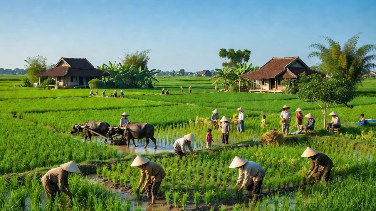 Khung cảnh đồng quê xã Nguyễn Trãi, huyện Ân Thi, tỉnh Hưng Yên với cánh đồng xanh và nhà truyền thống.