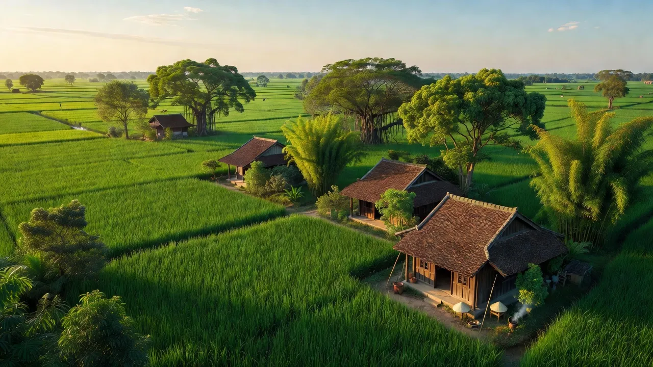 Cảnh nông thôn xã Phù Ủng huyện Ân Thi, tỉnh Hưng Yên, với cánh đồng và nhà truyền thống.