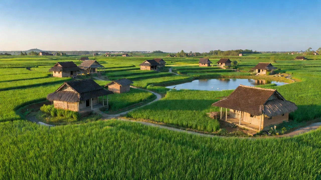 Phù Ủng, Ân Thi, Hưng Yên, cánh đồng xanh và nhà truyền thống Việt Nam.