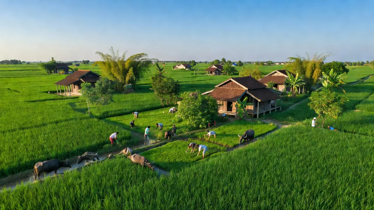 Cảnh quan xã Quảng Lãng, huyện Ân Thi, Hưng Yên với đồng ruộng và nhà cửa truyền thống.