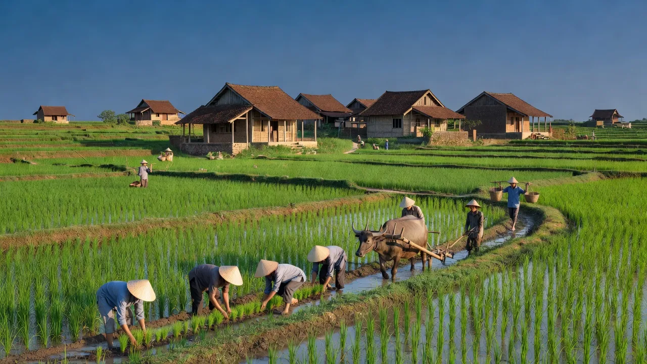Cảnh đẹp xã Quang Vinh, huyện Ân Thi, Hưng Yên với cánh đồng xanh và nhà truyền thống.