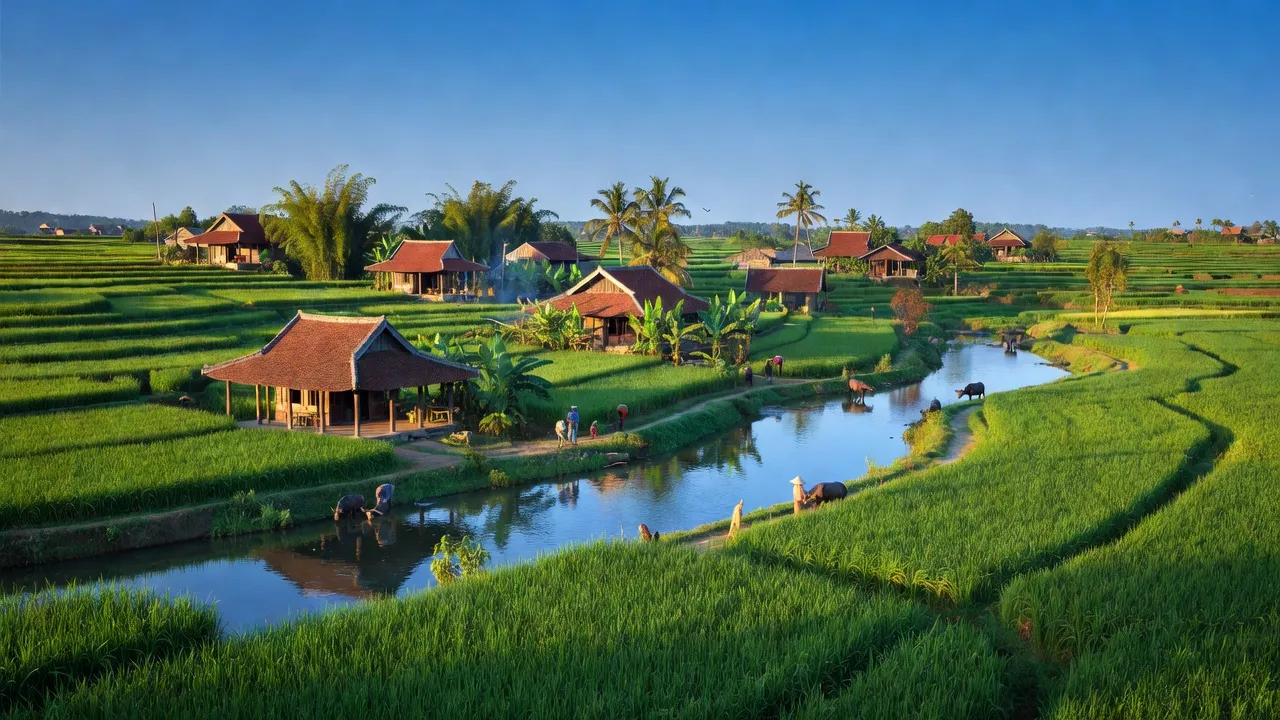Khung cảnh xã Quang Vinh, huyện Ân Thi, tỉnh Hưng Yên với đồng xanh và nhà truyền thống.