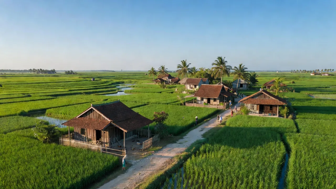 Cảnh làng Tiền Phong, huyện Ân Thi, Hưng Yên với cánh đồng xanh và nhà truyền thống.