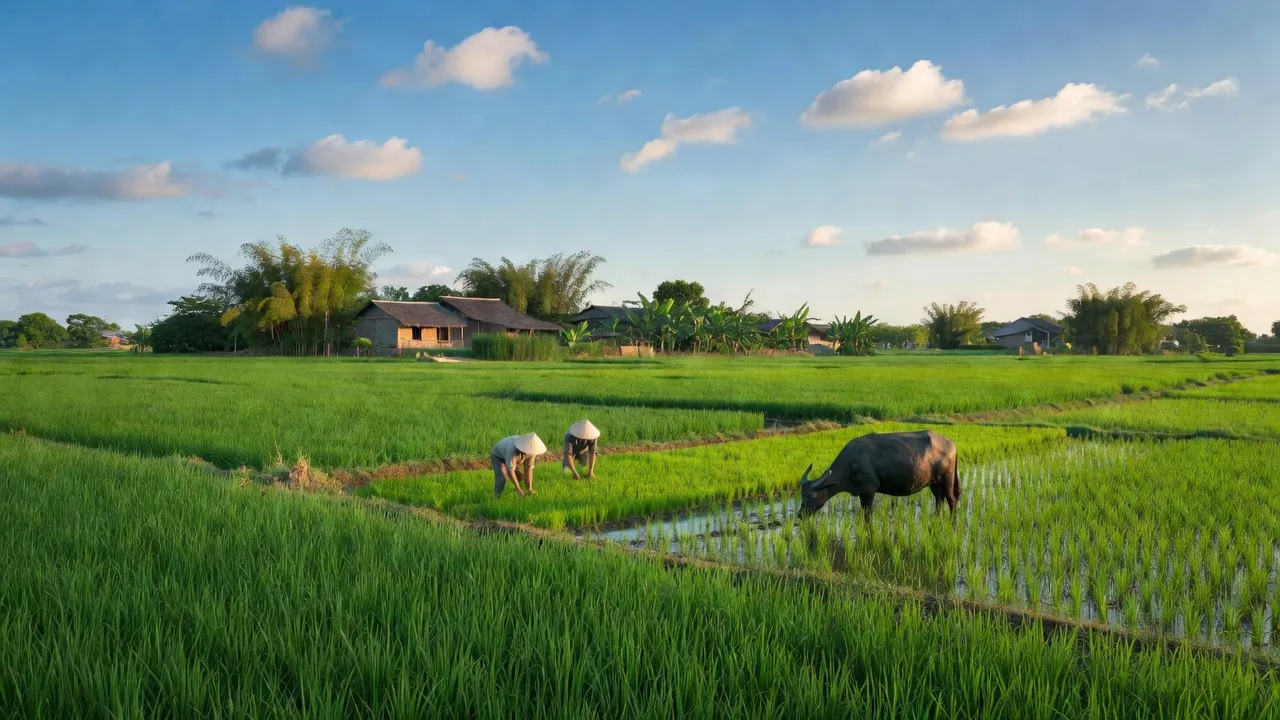 Quang cảnh nông thôn xã Tiền Phong, huyện Ân Thi, tỉnh Hưng Yên với cánh đồng xanh.