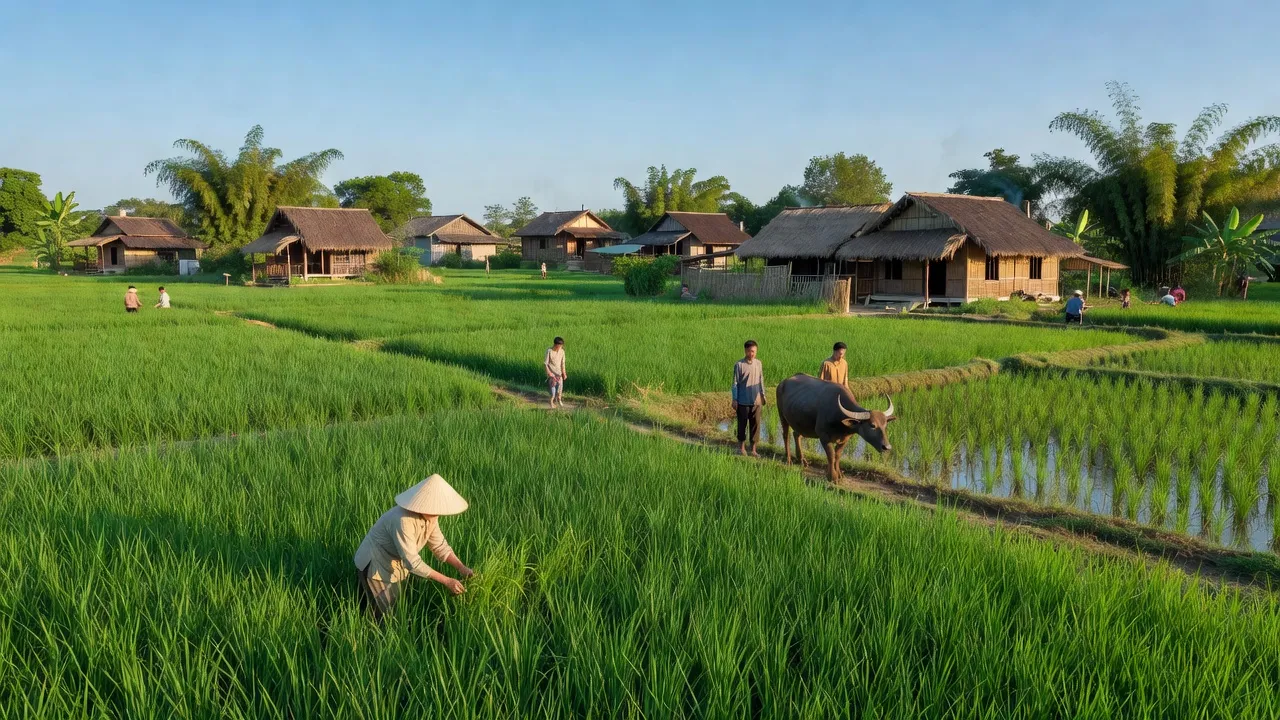 Cảnh đẹp xã Vân Du, huyện Ân Thi, tỉnh Hưng Yên với cánh đồng xanh và nhà truyền thống.
