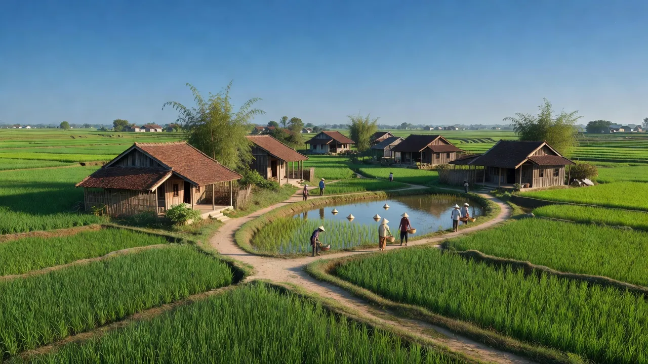 Cảnh đẹp xã Xuân Trúc, huyện Ân Thi, Hưng Yên với đồng lúa xanh mướt và nhà truyền thống.