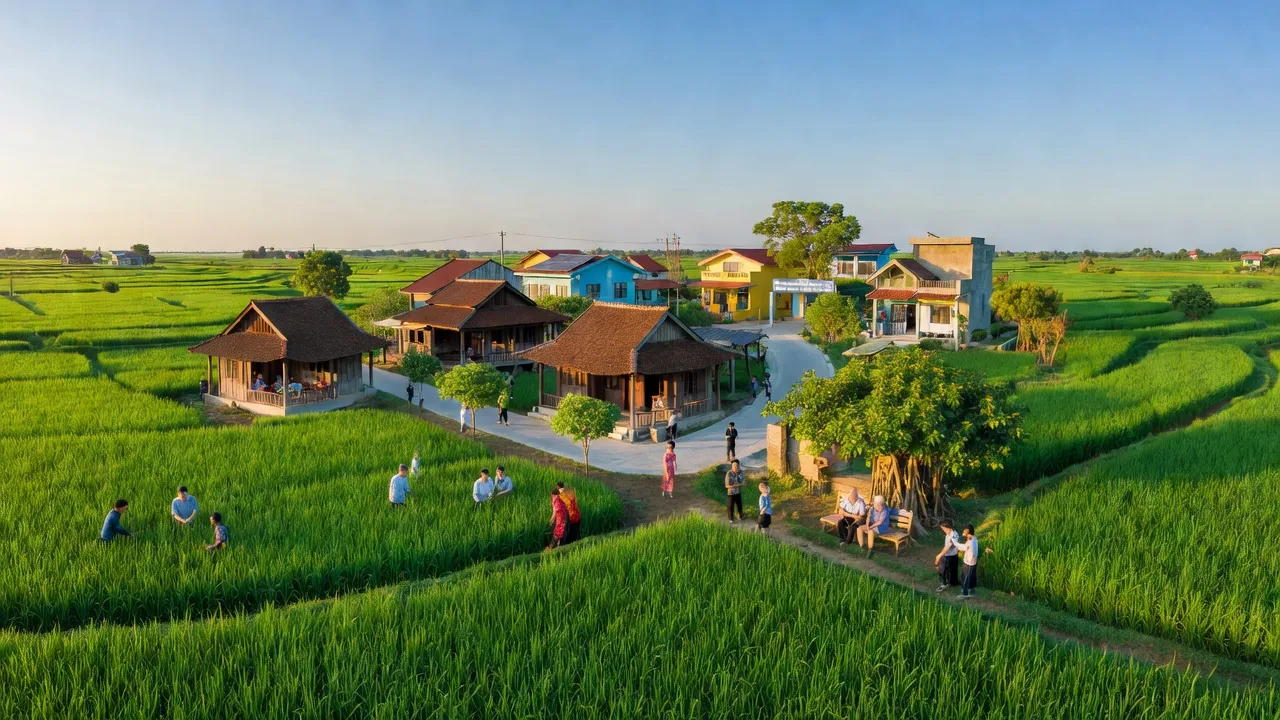 Khung cảnh đẹp của xã Xuân Trúc, huyện Ân Thi, tỉnh Hưng Yên với cánh đồng xanh tươi và nhà truyền thống.