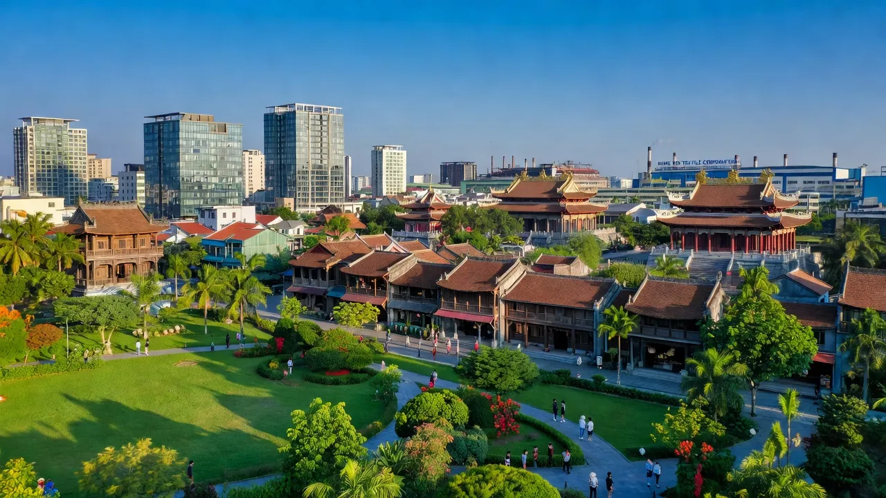 Khung cảnh thành phố Hưng Yên với kiến trúc hiện đại và thiên nhiên tươi đẹp, tỉnh Hưng Yên, Việt Nam.