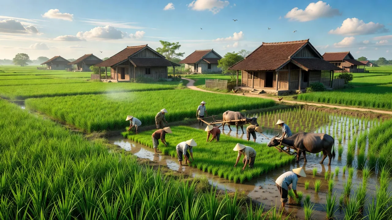 Cảnh đồng quê xã An Vĩ, huyện Khoái Châu, Hưng Yên với cánh đồng xanh và nhà truyền thống.