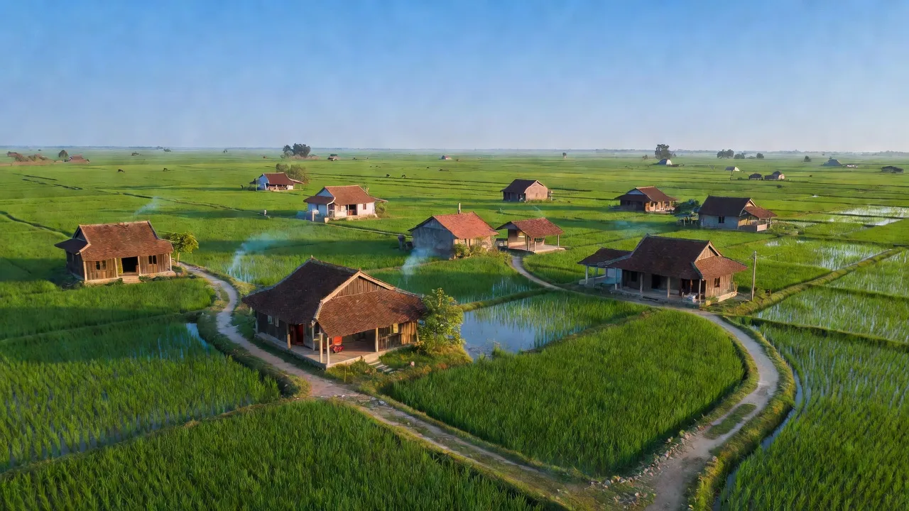 Cảnh đồng quê xã An Vĩ, huyện Khoái Châu, tỉnh Hưng Yên với ruộng lúa xanh tươi.