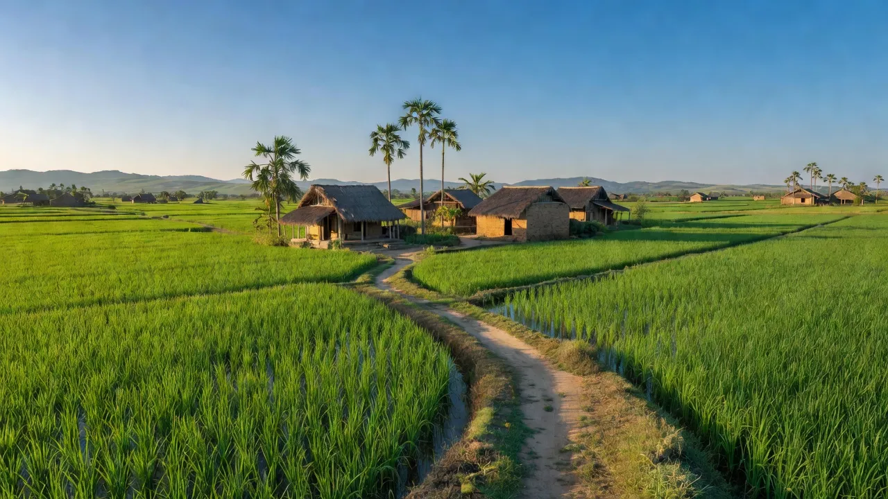 Cảnh đẹp xã Bình Minh, huyện Khoái Châu, tỉnh Hưng Yên với cánh đồng xanh tươi và bầu trời trong xanh