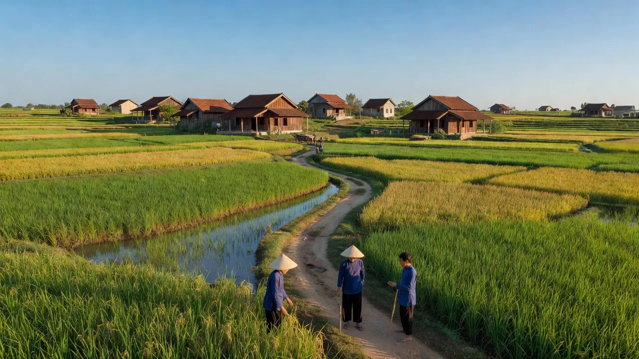 Khung cảnh xã Chí Minh, huyện Khoái Châu, tỉnh Hưng Yên với cánh đồng xanh tươi và nhà truyền thống.