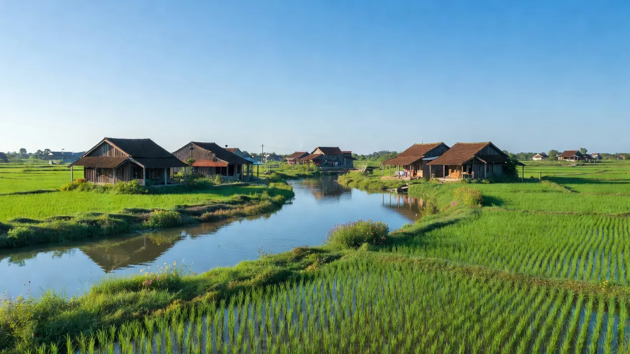 Cảnh quan xã Dân Tiến, Huyện Khoái Châu, Tỉnh Hưng Yên với cánh đồng xanh và dòng sông yên bình.