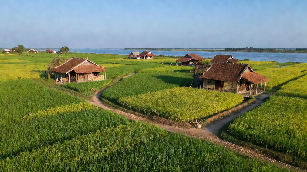 Cảnh đẹp xã Đông Kết, huyện Khoái Châu, tỉnh Hưng Yên với ruộng lúa và nhà truyền thống.