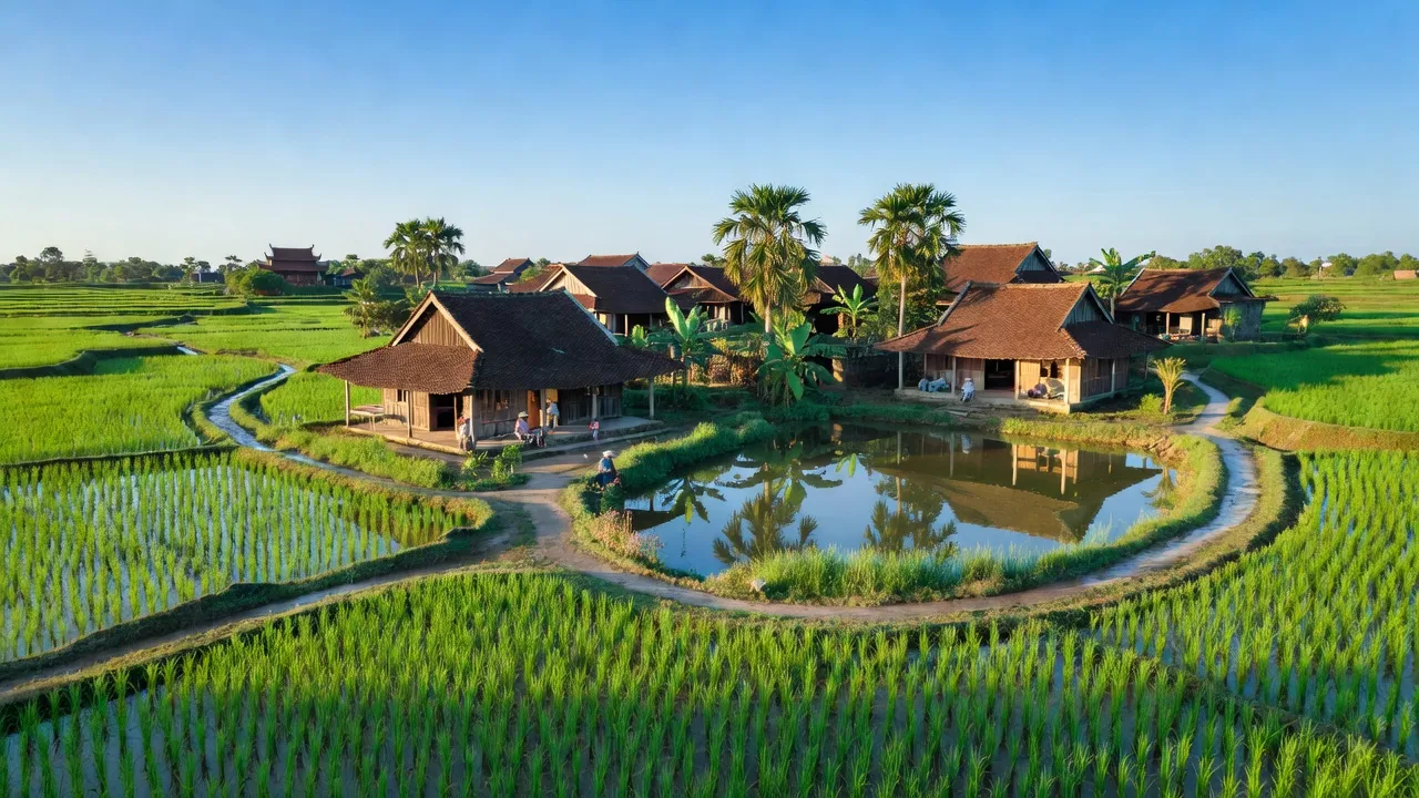 Cảnh đẹp xã Đông Ninh, huyện Khoái Châu, với cánh đồng lúa và kiến trúc nông thôn đặc trưng.
