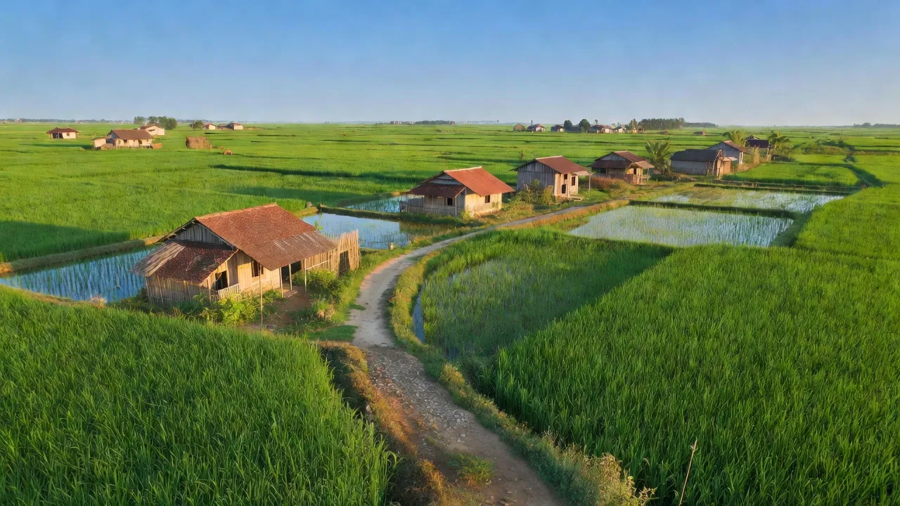 Cảnh sắc bình yên của xã Đông Ninh, huyện Khoái Châu, tỉnh Hưng Yên, với đồng lúa xanh tươi.