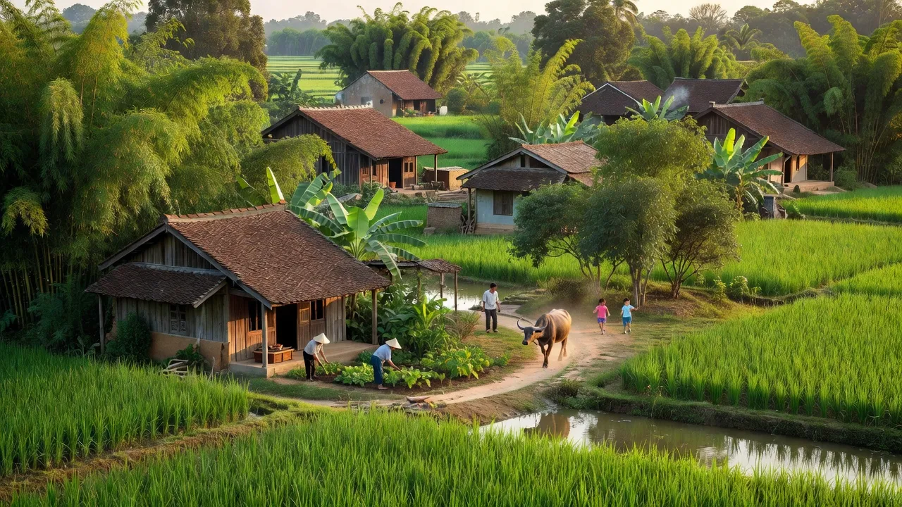 Khung cảnh làng Đông Tảo, Huyện Khoái Châu, Tỉnh Hưng Yên với nhà truyền thống và thiên nhiên xanh tươi.